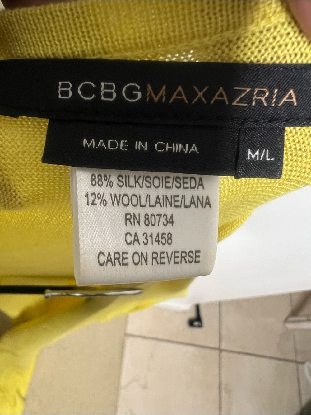 BCBGMAXAZRIA Yellow Silk Wool Draped Knit Sweater, Size M/L - Picture 5 of 8
